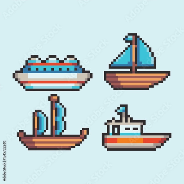 Fototapeta this is ship icon set in pixel art with colorful color and blue background ,this item good for presentations,stickers, icons, t shirt design,game asset,logo and your project.