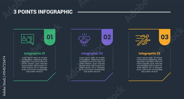 Fototapeta 3 stage infographic process diagram with creative box with cut and dotted line combination with dark background bright outline style vector