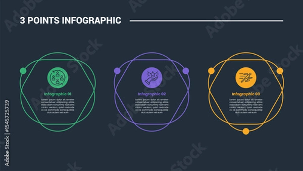Fototapeta 3 stage infographic process diagram with creative circle box stack layer with horizontal direction with dark background bright outline style vector