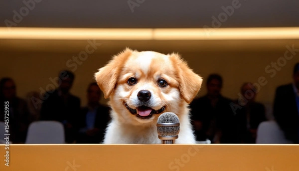 Obraz Adorable cream puppy at podium with vintage microphone, professional setting