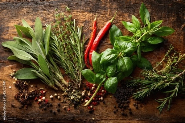 Obraz Overhead shot of various fresh herbs and spices arranged on a rustic wooden surface