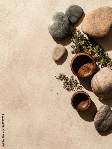 Obraz Smooth stones, dried herbs, and small wooden bowls arranged on a beige surface, bathed in sunlight