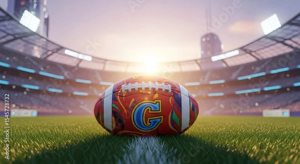 Obraz Close-up of a Vibrant American Football on a Lush Green Field in a Stadium