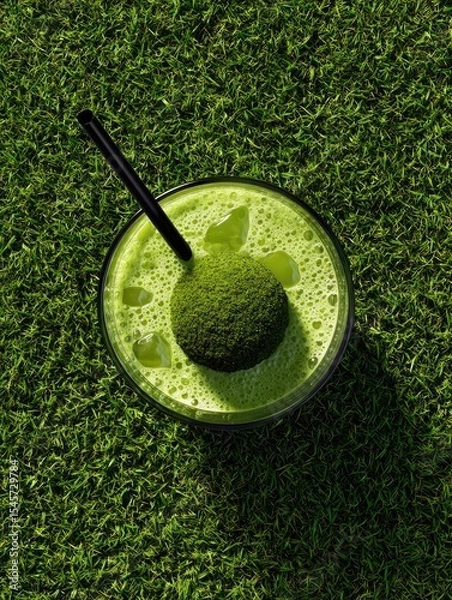 Obraz Overhead view of a matcha beverage in a glass, featuring a matcha sphere, ice, and a black straw, resting on vibrant green grass