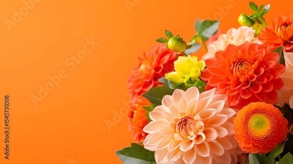 Fototapeta Orange background dahlia bouquet floral arrangement