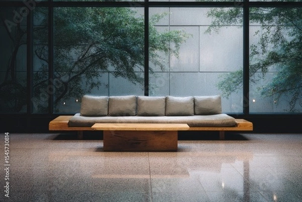 Obraz Minimalist low-slung grey fabric sofa with light wood platform and coffee table, situated before a large window overlooking green trees and a modern building exterior