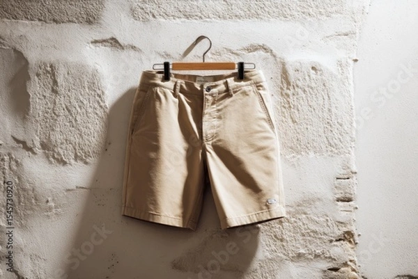 Obraz Tan chino shorts hang on a wooden hanger against a textured white wall, bathed in sunlight casting shadows