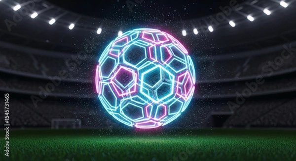 Obraz Futuristic neon soccer ball floating on a vibrant green sports stadium field