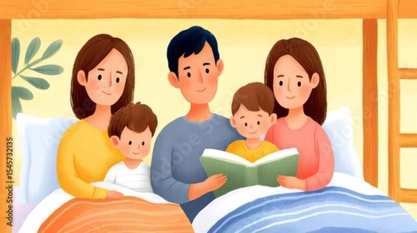 Obraz Family Bonding While Reading Bedtime Stories Together In A Cozy Bedroom Setting
