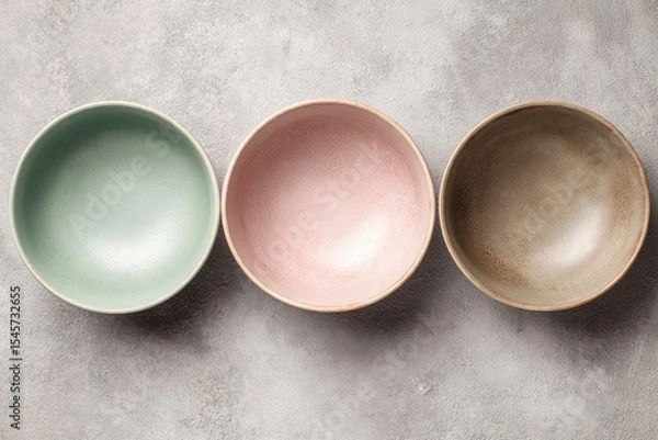 Obraz Three empty, pastel-toned ceramic bowls arranged in a row on a textured gray surface