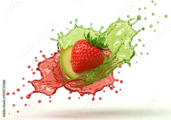 Fototapeta Dynamic green liquid splashes around fresh strawberries and melon slices against a vibrant white background.