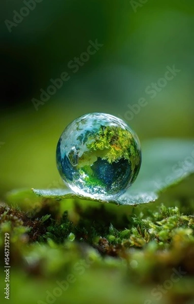 Fototapeta Miniature Earth globe rests on a dew-kissed leaf atop vibrant green moss, symbolizing environmental fragility and the need for preservation