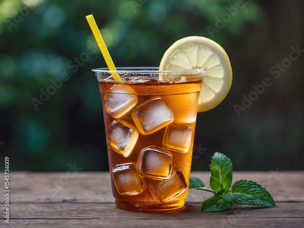Obraz Plastic glass with ice tea and lemon on wooden table with green garden on the background. Summer drink and refreshment. Ai Generative.