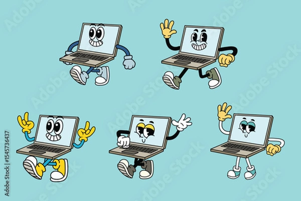 Fototapeta Set of Happy Laptop in Various Poses Character Cartoon Illustration Retro style