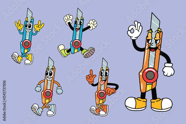 Fototapeta Set of Happy Cutter in Various Poses Character Cartoon Illustration Retro style