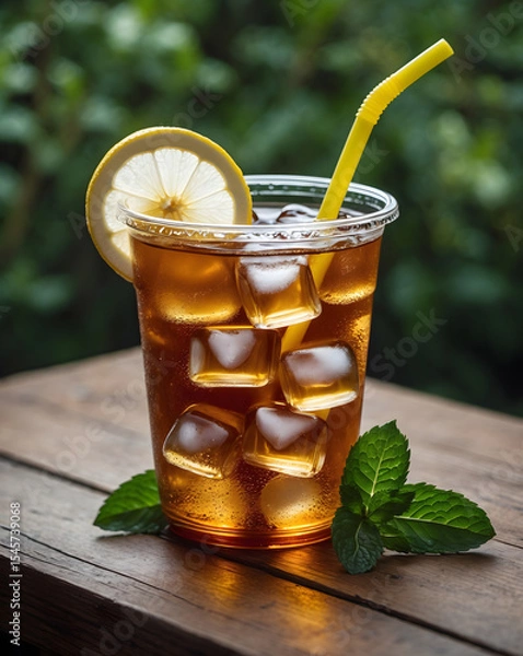 Obraz Plastic glass with ice tea and lemon on wooden table with green garden on the background. Summer drink and refreshment. Ai Generative.
