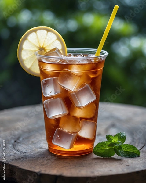 Obraz Plastic glass with ice tea and lemon on wooden table with green garden on the background. Summer drink and refreshment. Ai Generative.