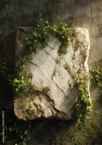 Obraz Sunlit weathered marble slab, partially covered in vibrant green vines and moss, rests on a mossy ground