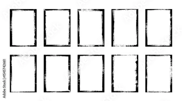 Fototapeta Distressed edge brush painted frames. Vector black hand-drawn grungy frame backgrounds. Poster template set. Old picture overlay collection. Brush stroke painted borders. Grunge punk collage bg