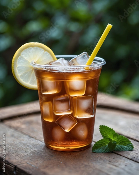 Obraz Plastic glass with ice tea and lemon on wooden table with green garden on the background. Summer drink and refreshment. Ai Generative.