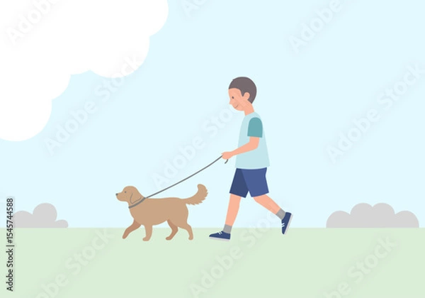 Fototapeta  A boy is out for a walk with his dog minimalist vector. 