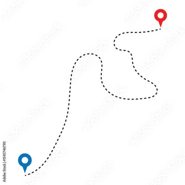 Fototapeta Route icon - two points with dotted path and location pin. Route location icon two pin sign and dotted line. Distance icons set in black filled and stroke line style in eps 10.