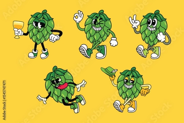 Fototapeta Cartoon cute hop Oktoberfest characters with expressive faces and poses in retro mascot style