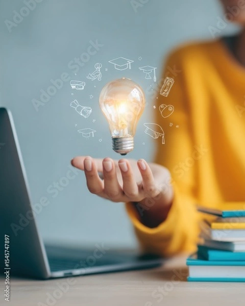 Fototapeta Vibrant Digital Learning Concept with Woman Holding Glowing Lightbulb and Floating Education Icons for Flexible Online Skill Development