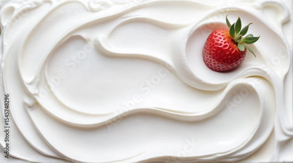 Obraz A strawberry rests nestled in a bed of whipped cream. The contrast between the red fruit and the white backdrop creates a visually appealing image.
