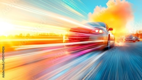Obraz Speeding car sunset highway motion blur advertising