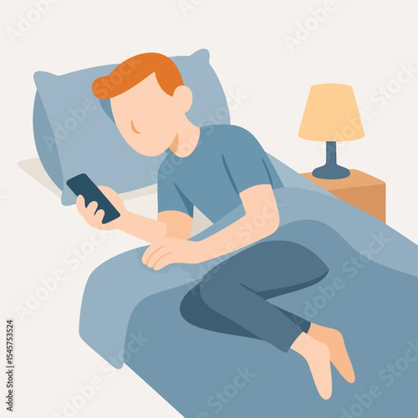 Obraz Flat Illustration Man Using Smartphone in Bed Before Sleeping Concept