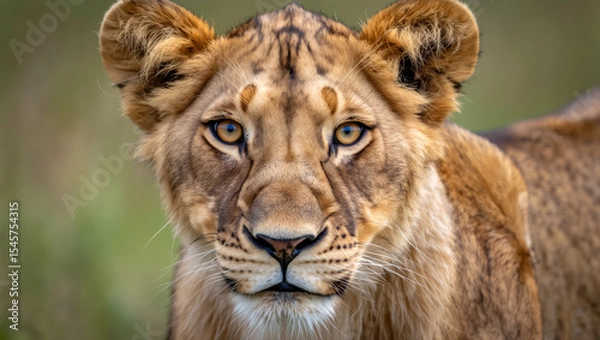 Obraz A lioness stands in a vibrant savanna, her piercing gaze captures the essence of wildlife. The sun casts a warm glow, enhancing her majestic presence in nature. Generative AI.