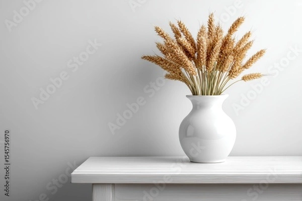Fototapeta A white vase with a bunch of wheat in it on a table