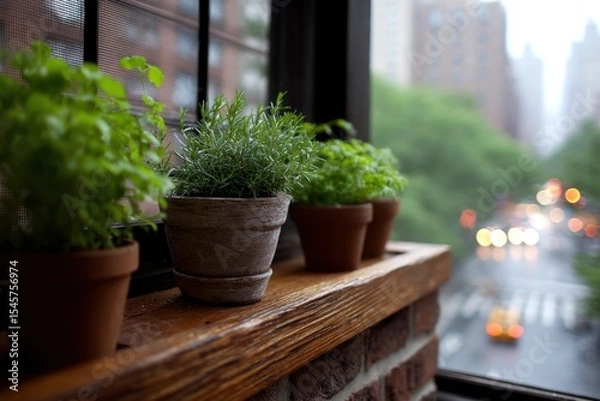 Fototapeta Three potted plants sit on a window sill in front of a window