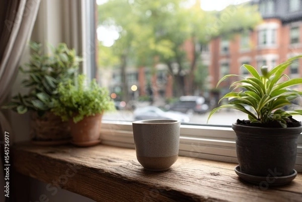 Fototapeta Three potted plants sit on a window sill in front of a window