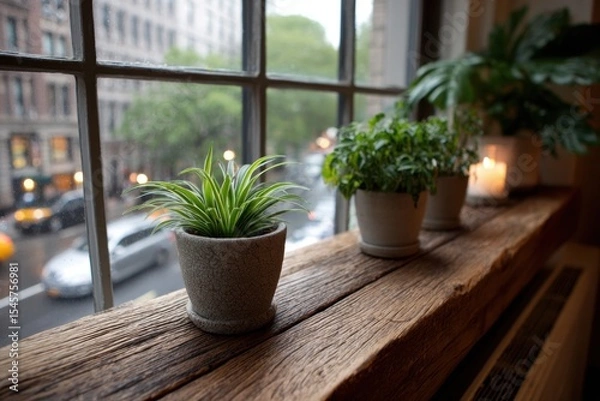 Fototapeta Three potted plants sit on a window sill in front of a window