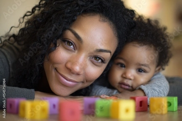 Fototapeta A woman and a child laying on the floor playing with blocks