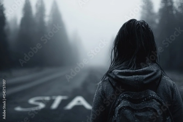 Fototapeta A person with a backpack standing in the middle of a foggy road