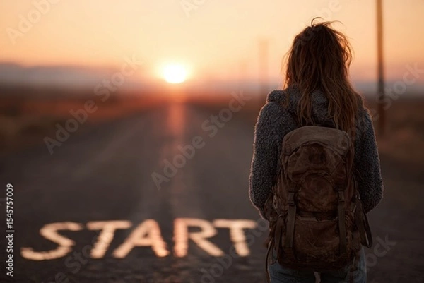 Fototapeta A woman with a backpack standing on a road with the word START written on it