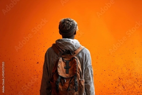 Fototapeta A man with a backpack standing in front of an orange wall