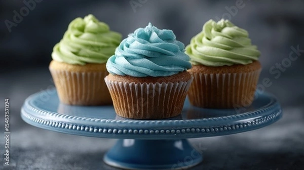 Fototapeta Three cupcakes with blue and green frosting on a blue cake stand