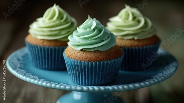 Fototapeta Three cupcakes with green frosting on a blue cake stand
