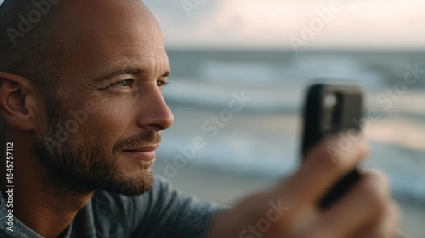 Fototapeta A man taking a picture of the ocean with his cell phone