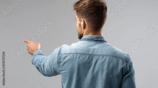 Fototapeta A man in a denim shirt pointing at something