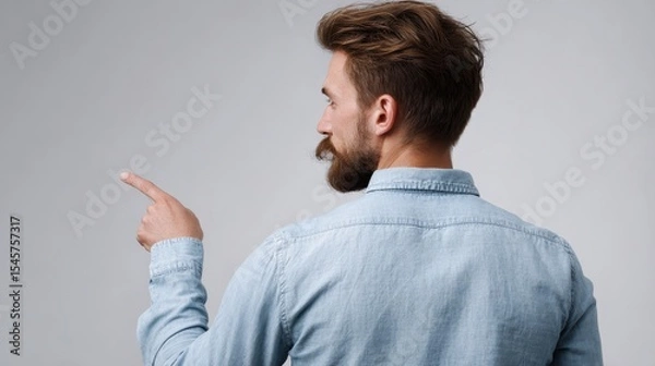 Fototapeta A man with a beard pointing at something