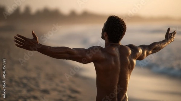 Fototapeta A man standing on a beach with his arms outstretched