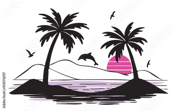Fototapeta sketch of palm trees on mountains background with dolphin and pink sunset vector
