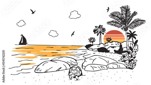 Fototapeta ocean shore with sail vector sketch. palm trees and orange sunset