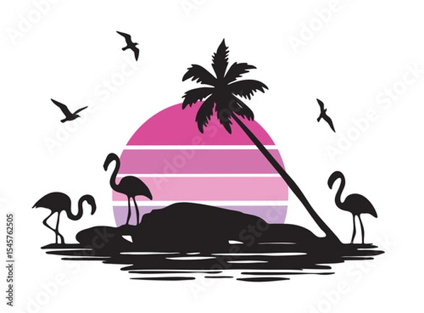 Fototapeta palm tree silhouette with flamingo and pink sunset vector seascape