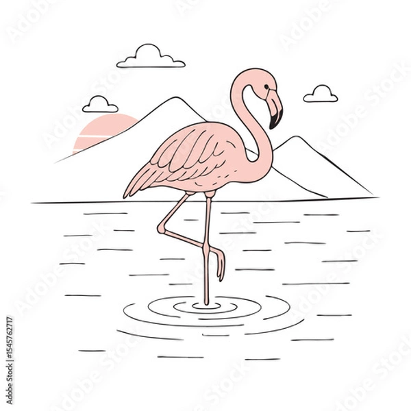 Fototapeta pink flamingo in water on background of mountains vector sketch seascape